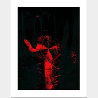 Digital collage and special processing. Hand full of spikes. Cursed. Gray and red. Posters and Art